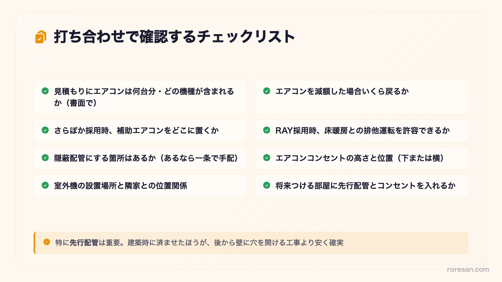 打ち合わせで確認するチェックリスト。見積もりのエアコン台数と機種、減額した場合の金額、さらぽか採用時の補助エアコン、RAY採用時の排他運転、隠蔽配管、コンセントの高さと位置、室外機の設置場所、将来の先行配管