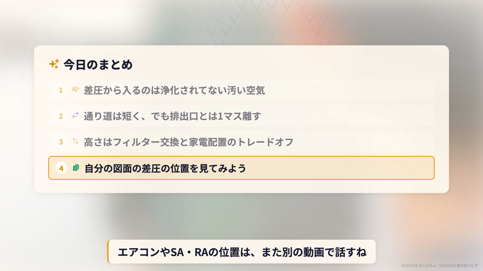 差圧感応式とレンジフードの位置の3つのまとめポイントを示したカード