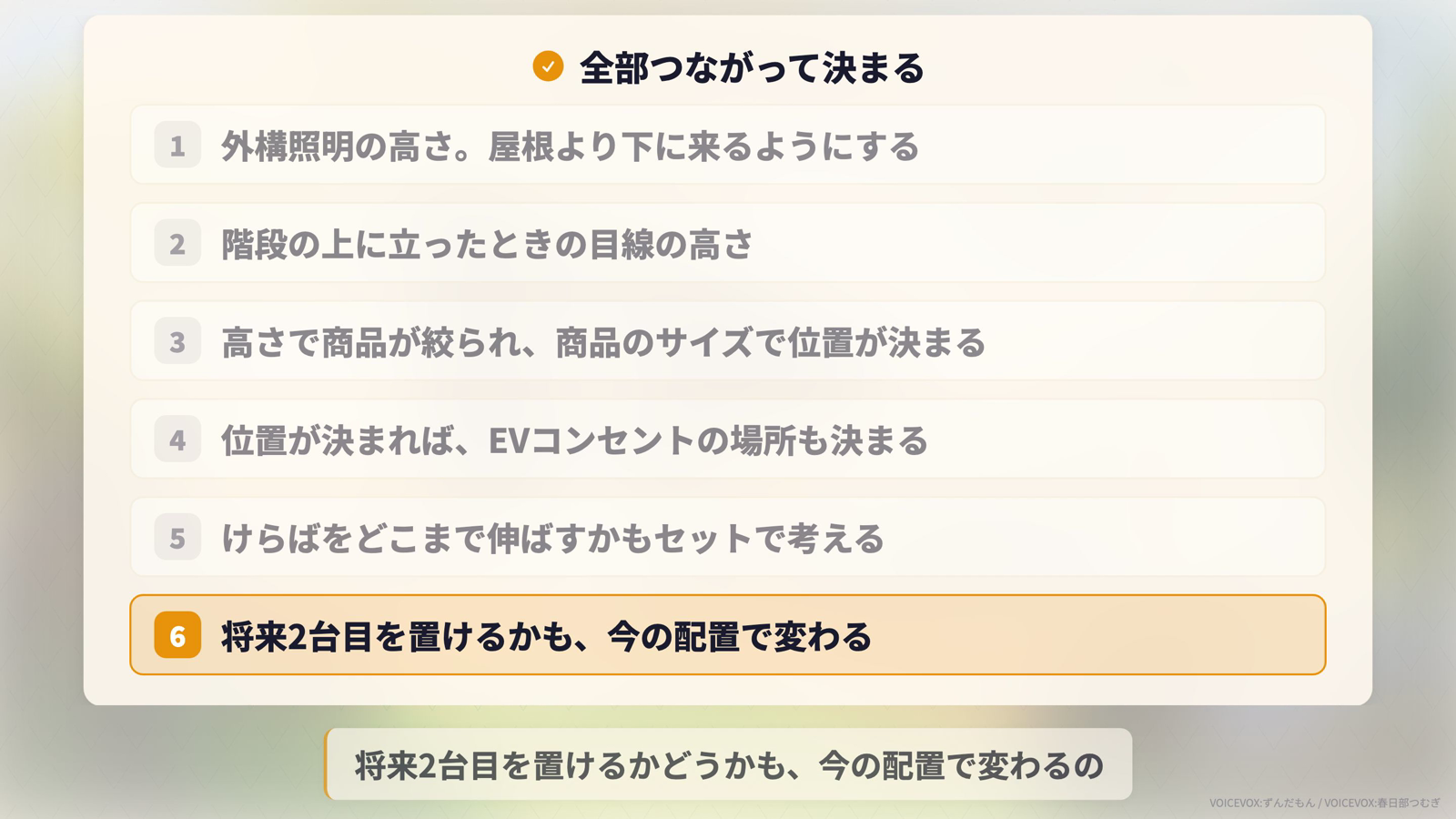まとめリスト。外構照明の高さ、階段の上の目線の高さ、高さで商品が絞られ位置が決まる、位置でEVコンセントの場所が決まる、けらばもセットで考える、将来2台目も今の配置で変わる