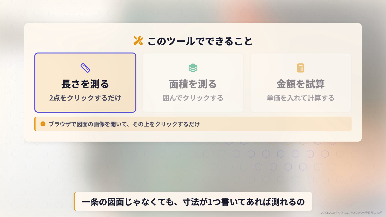 ツールでできることの一覧図。長さを測る、面積を測る、金額を試算するの3つ