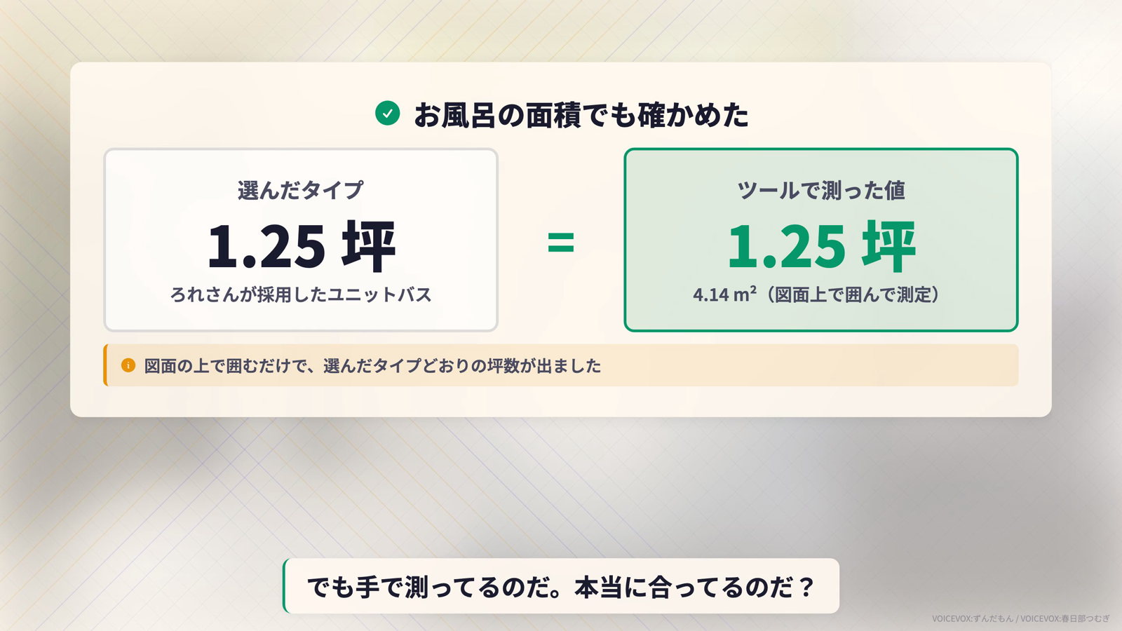 採用した1.25坪タイプのお風呂と、ツールで測った4.14平米＝1.25坪が一致したことを示す比較図