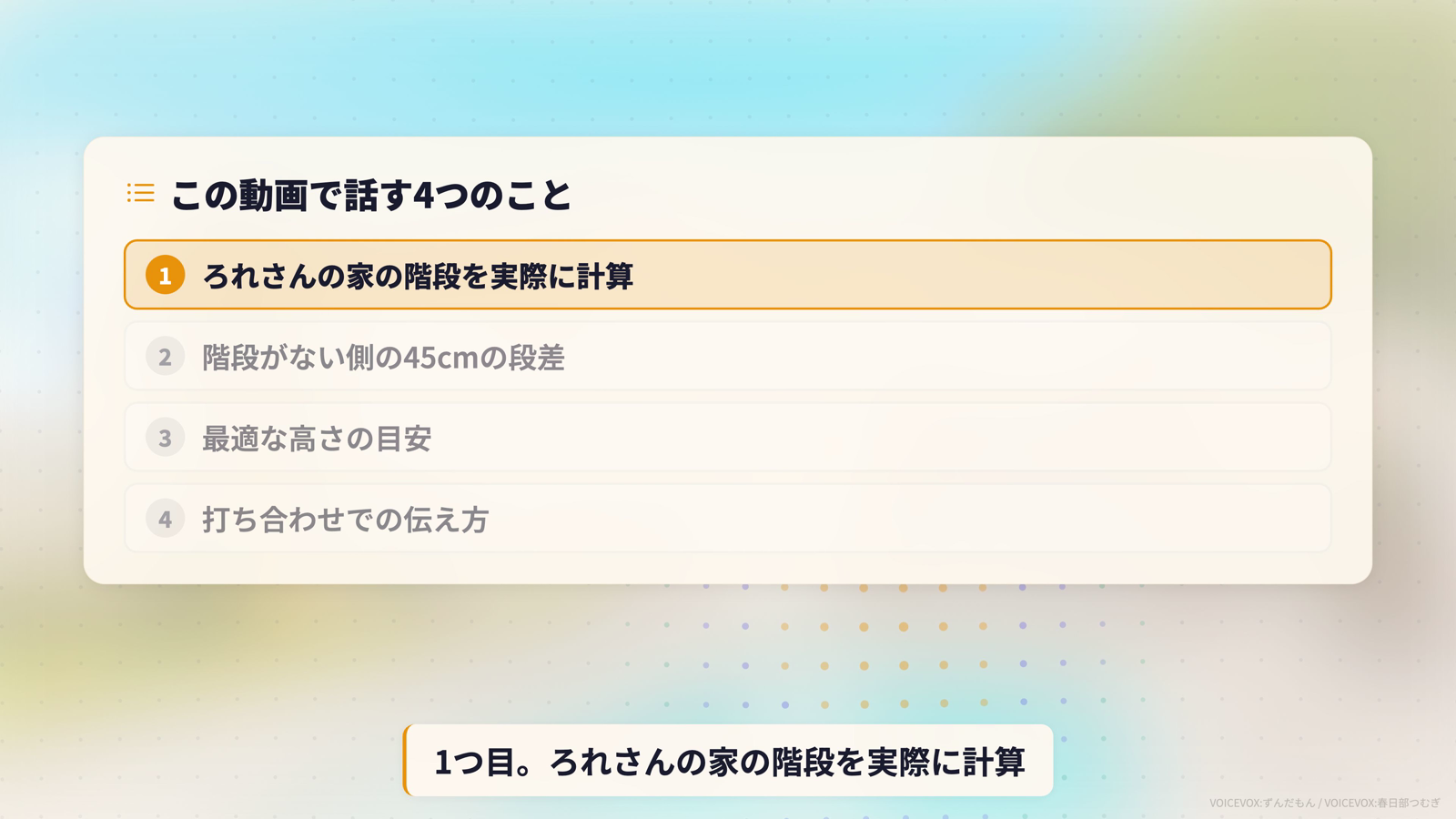 動画で話す4つのこと：ろれさんの家の階段の計算、階段がない側の45cmの段差、最適な高さの目安、打ち合わせでの伝え方