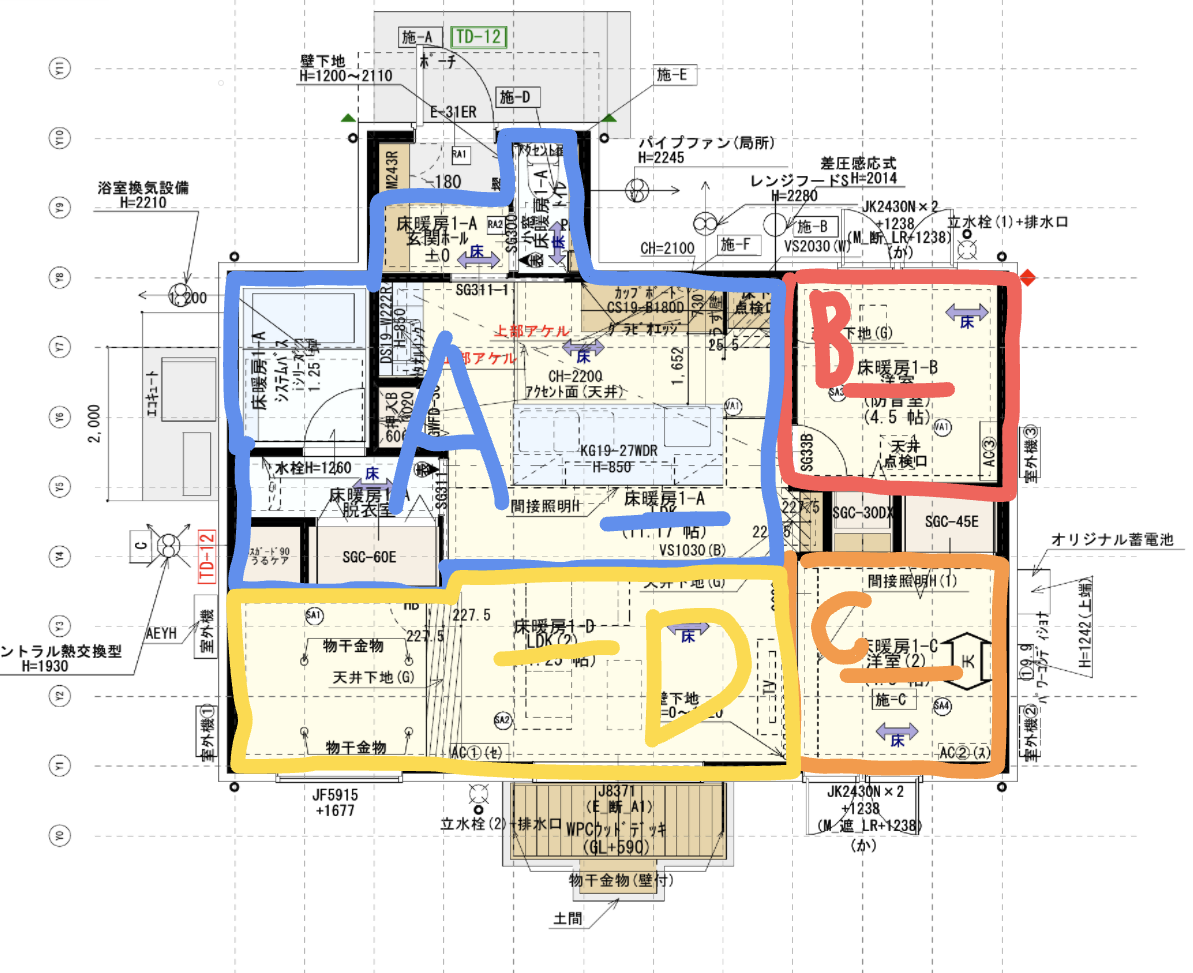 ろれさんの間取り図に4エリア（A: 水回り・動線、B: 寝室、C: 作業部屋、D: リビング）を色分けで示した図