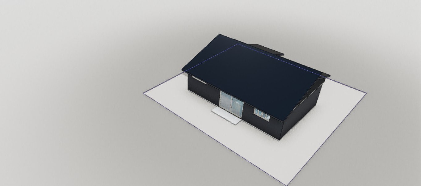図面から生成した3Dモデルの南側外観。ハイドロテクトタイル黒の外壁、太陽光一体の招き屋根、大開口スライディングとウッドデッキ