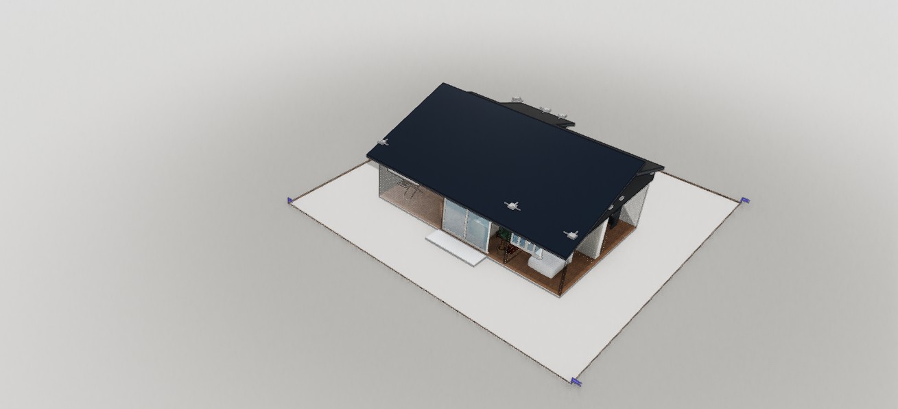 壁を低くして室内を見せた3Dモデル。フローリング、ダイニングテーブル、観葉植物、ベッドなどの家具が配置されている