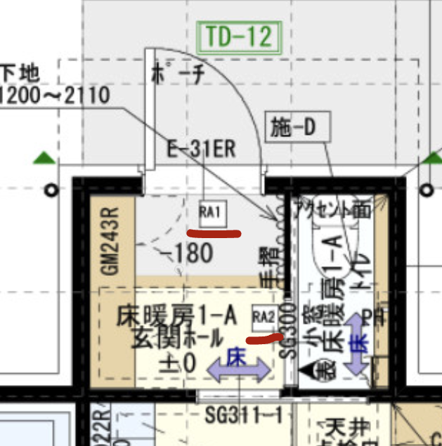 家全体の空気の出口（RA）が玄関に集中する図面