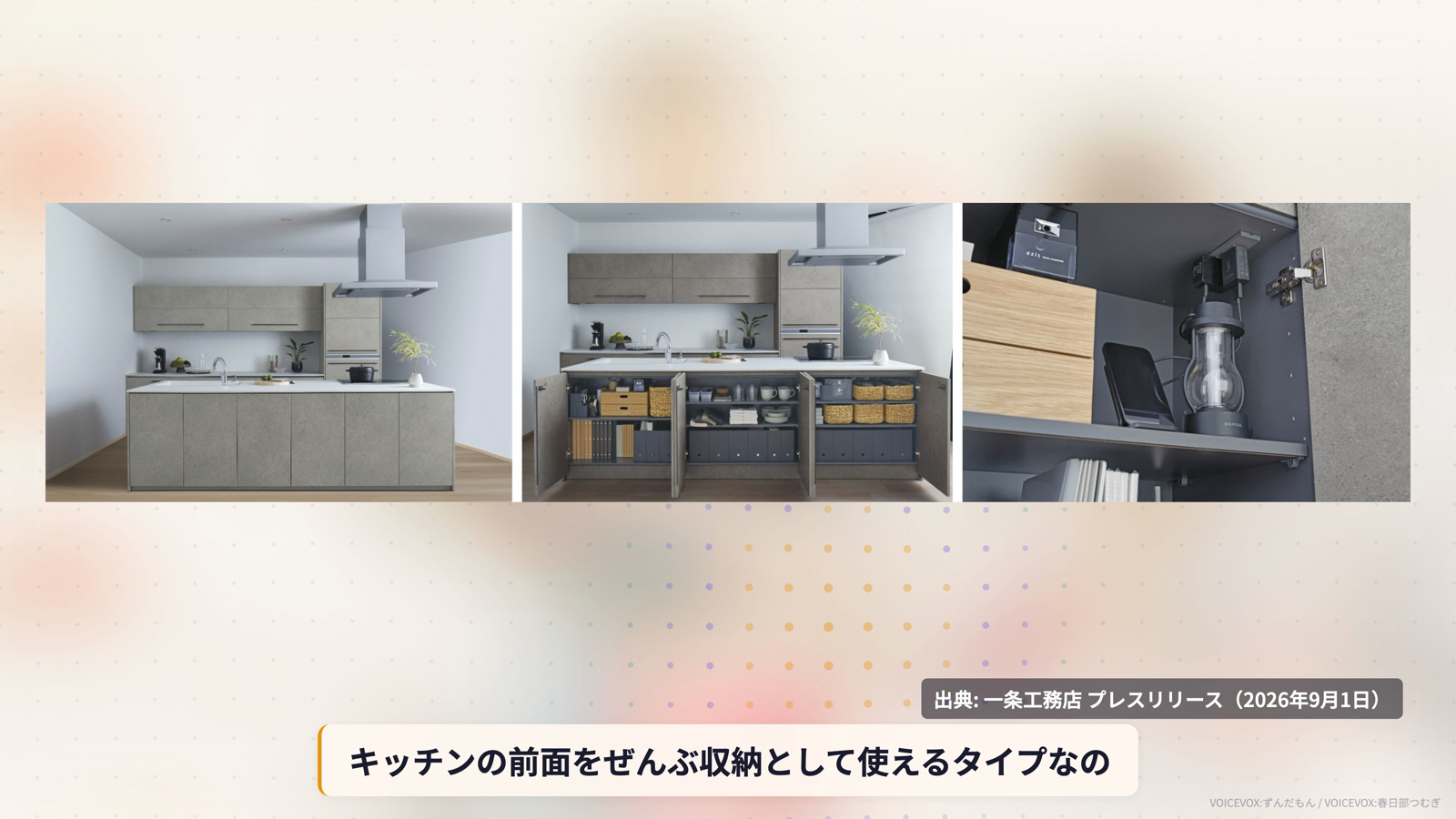 オール収納タイプの3カット。左は扉を閉めた状態で取っ手が見えない、中央は扉を開けて3つのブロックに分かれた収納、右は収納内部のコンセントに家電を接続した様子（出典: 一条工務店プレスリリース 2026年9月1日）