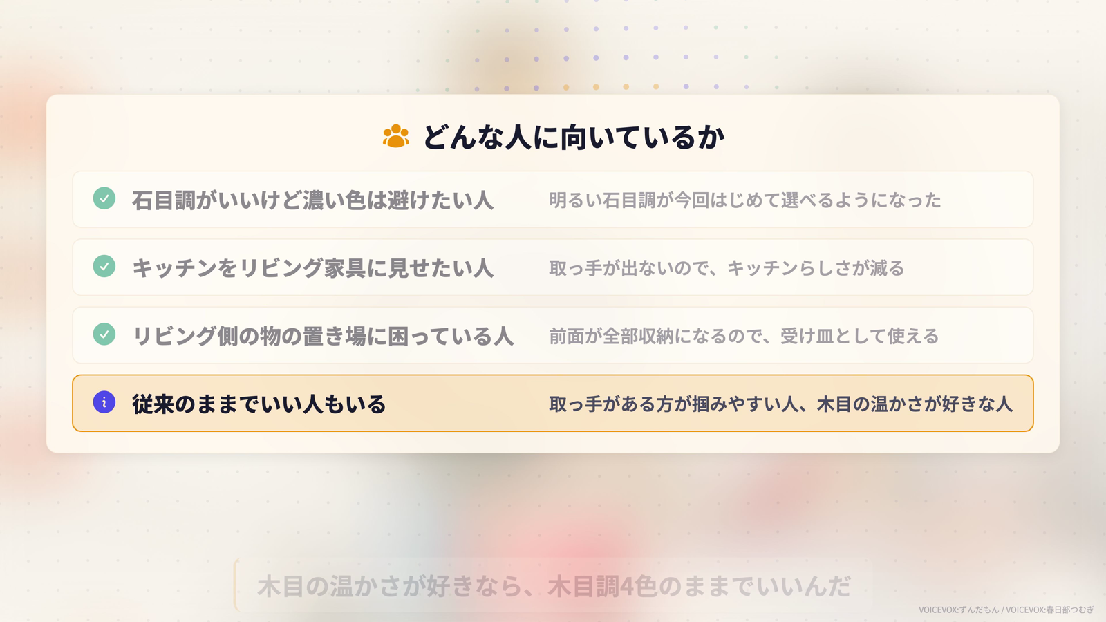 どんな人に向いているか。石目調がいいけど濃い色は避けたい人、キッチンをリビング家具に見せたい人、リビング側の物の置き場に困っている人。一方で取っ手がある方が掴みやすい人や木目の温かさが好きな人は従来のままでよい
