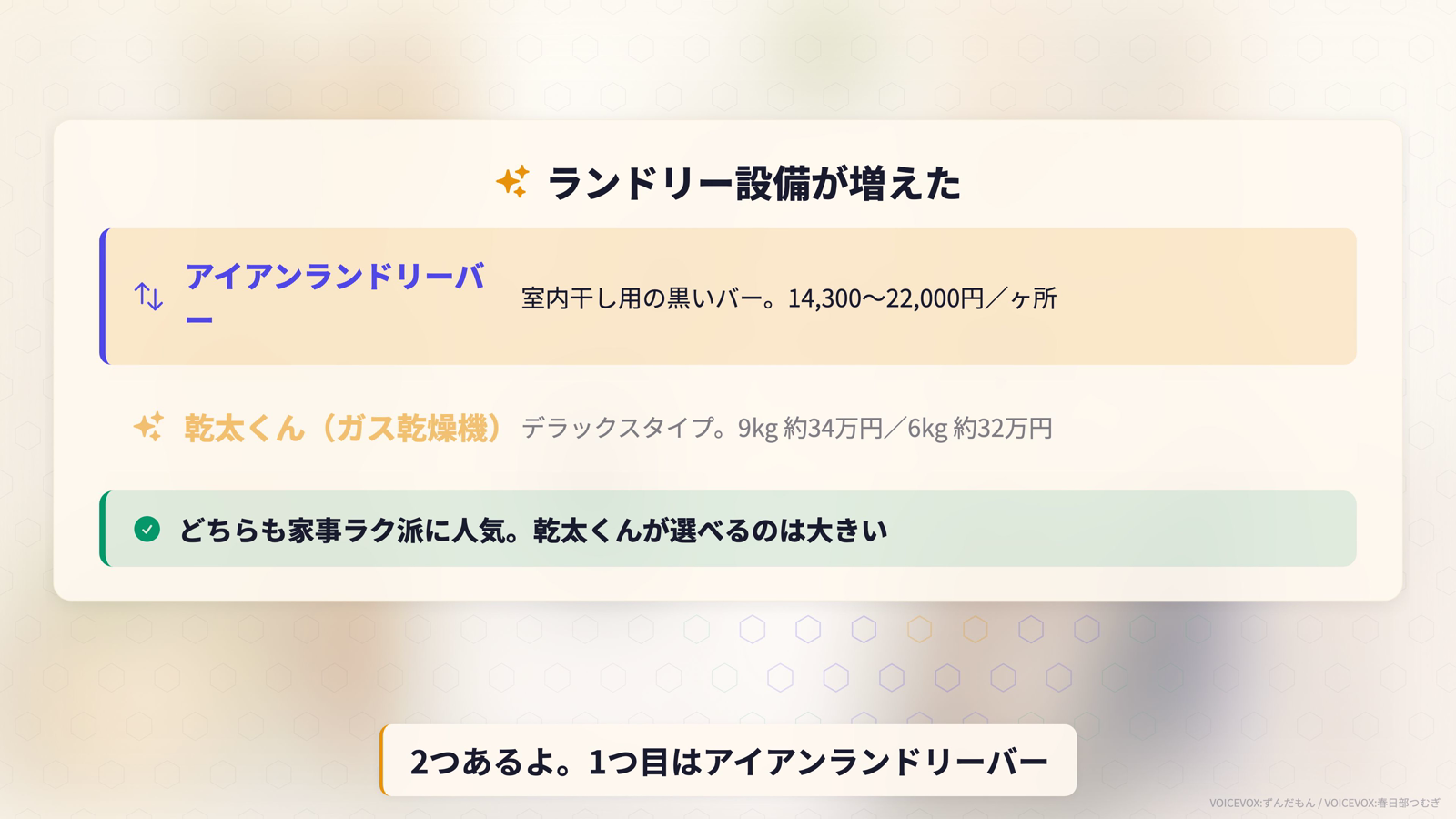追加されたランドリー設備。アイアンランドリーバーと乾太くんデラックスタイプの価格