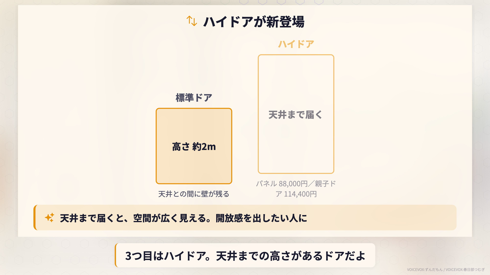 標準ドア約2mとハイドア天井までの高さ比較。ハイドアパネル88,000円、親子ドア114,400円