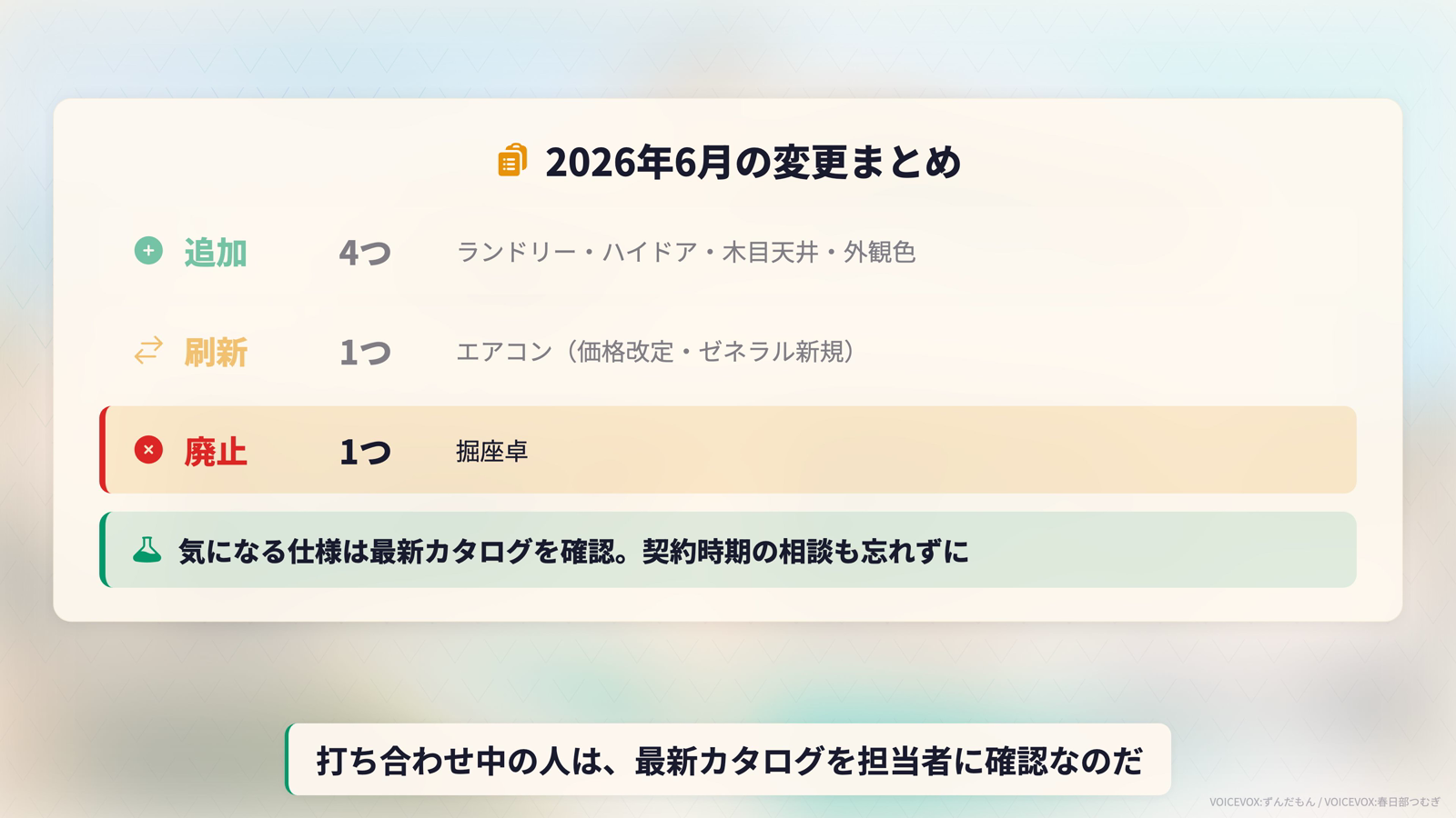 2026年6月の変更まとめ。追加4つ、刷新1つ（エアコン）、廃止1つ（掘座卓）