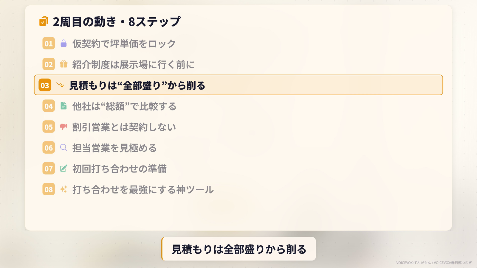 2周目の動き8ステップの一覧。仮契約で坪単価ロック、紹介制度、見積もり、総額比較、割引営業、担当営業、打ち合わせ準備、神ツール