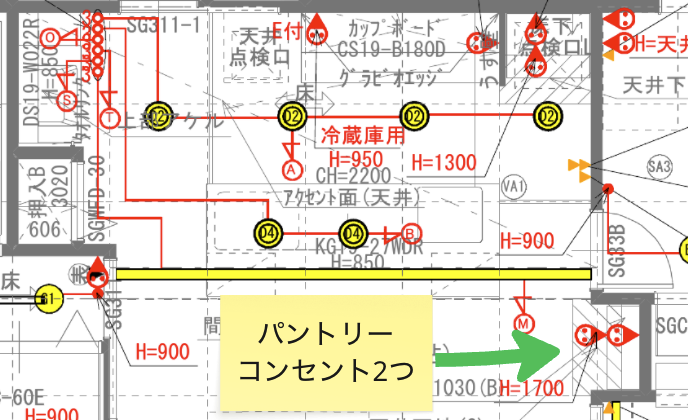 パントリーの構成（コンセント2箇所配置）