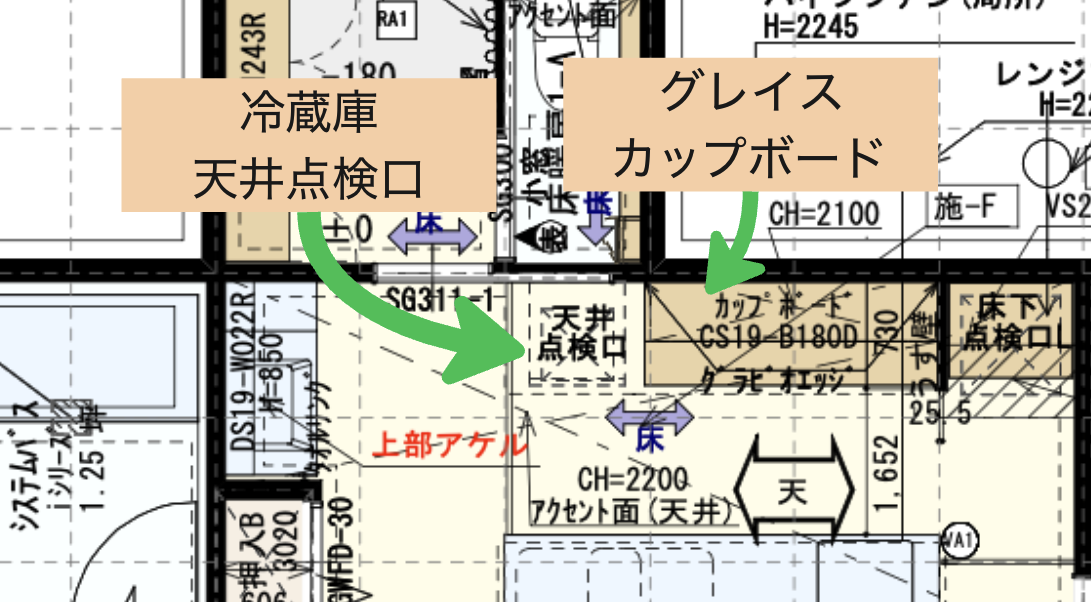 冷蔵庫横の天井点検口の配置