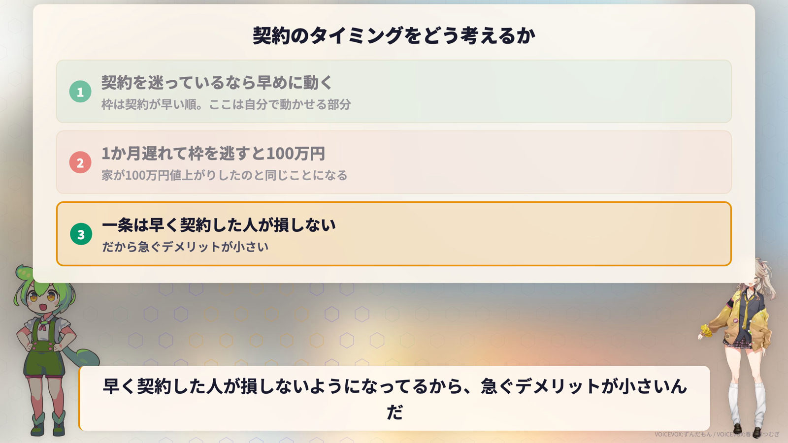 契約のタイミングをどう考えるか。契約を迷っているなら早めに動く、1か月遅れて枠を逃すと100万円、一条は早く契約した人が損しないので急ぐデメリットが小さい