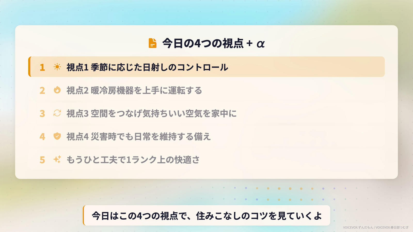 住まい方ガイドの4つの視点+α: 視点1 季節に応じた日射しのコントロール、視点2 暖冷房機器を上手に運転、視点3 空間をつなげて空気を家中に、視点4 災害時でも日常を維持する備え、もうひと工夫