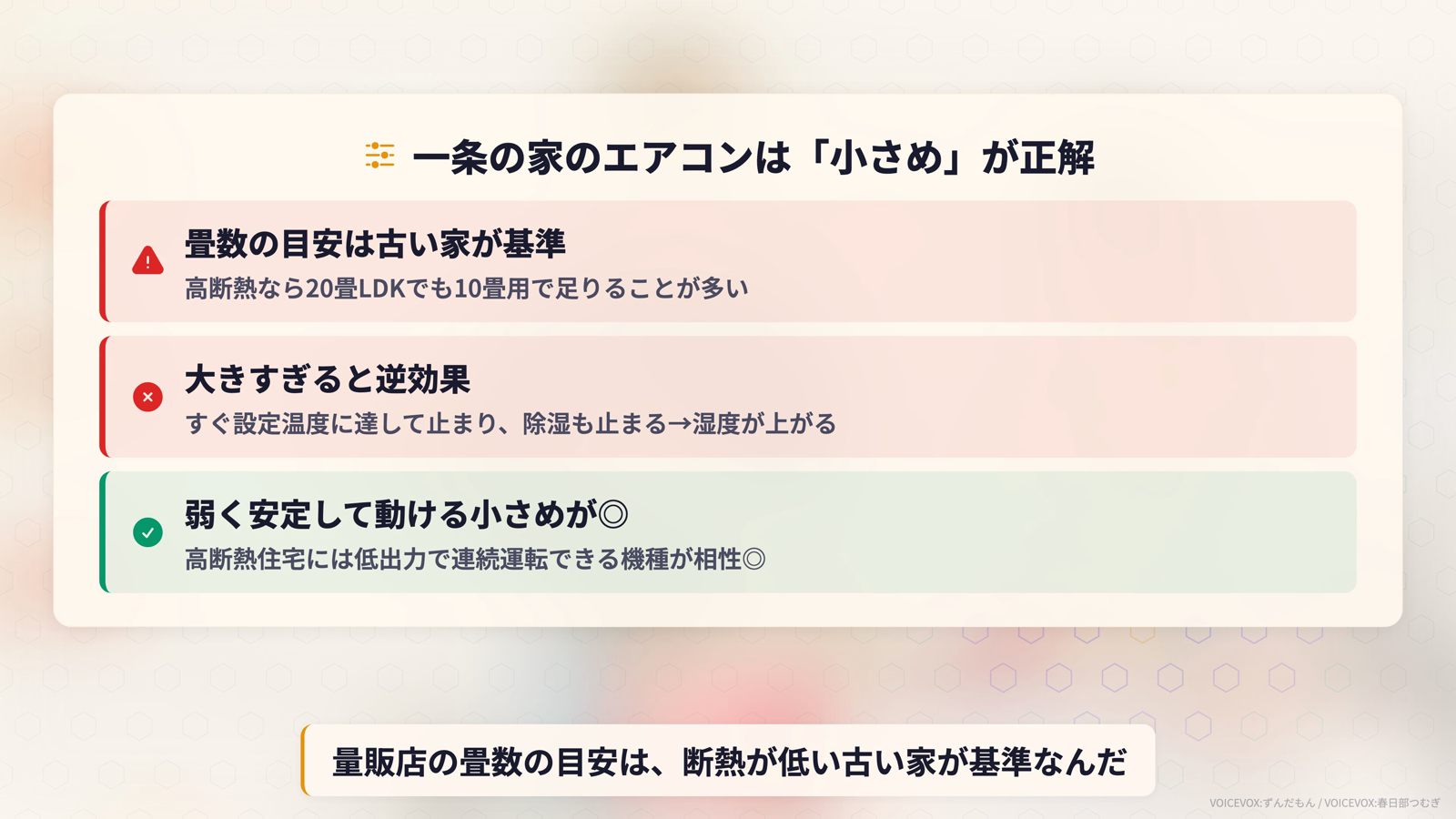 一条の家のエアコンは小さめが正解。畳数の目安は古い家が基準で高断熱なら20畳LDKでも10畳用で足りる。大きすぎると設定温度に達して止まり除湿も止まる。弱く安定して動ける小さめが相性良い