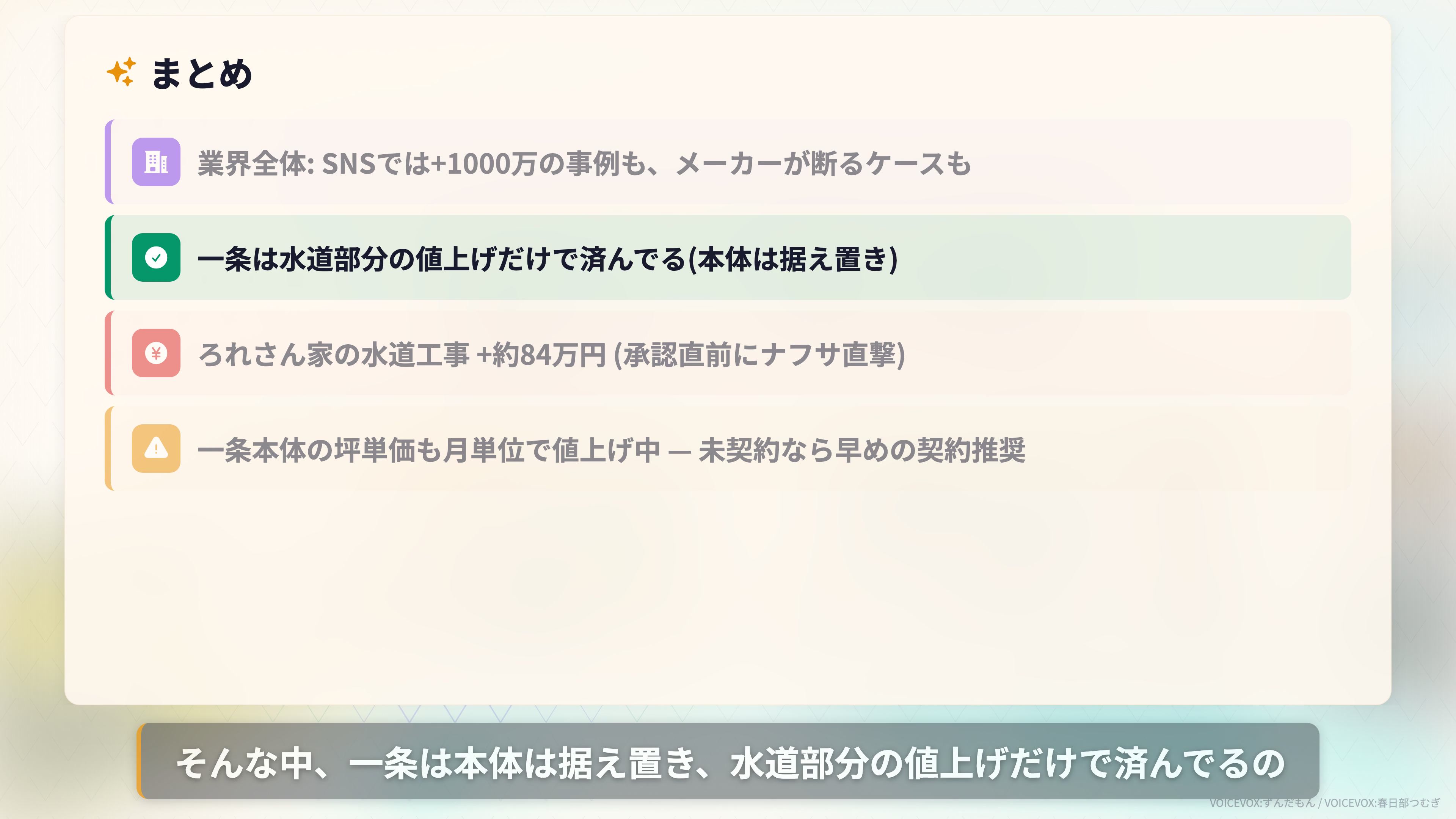 まとめ。業界全体は+1000万円事例も、一条は水道部分の値上げだけ、ろれさん家は承認直前にナフサ直撃