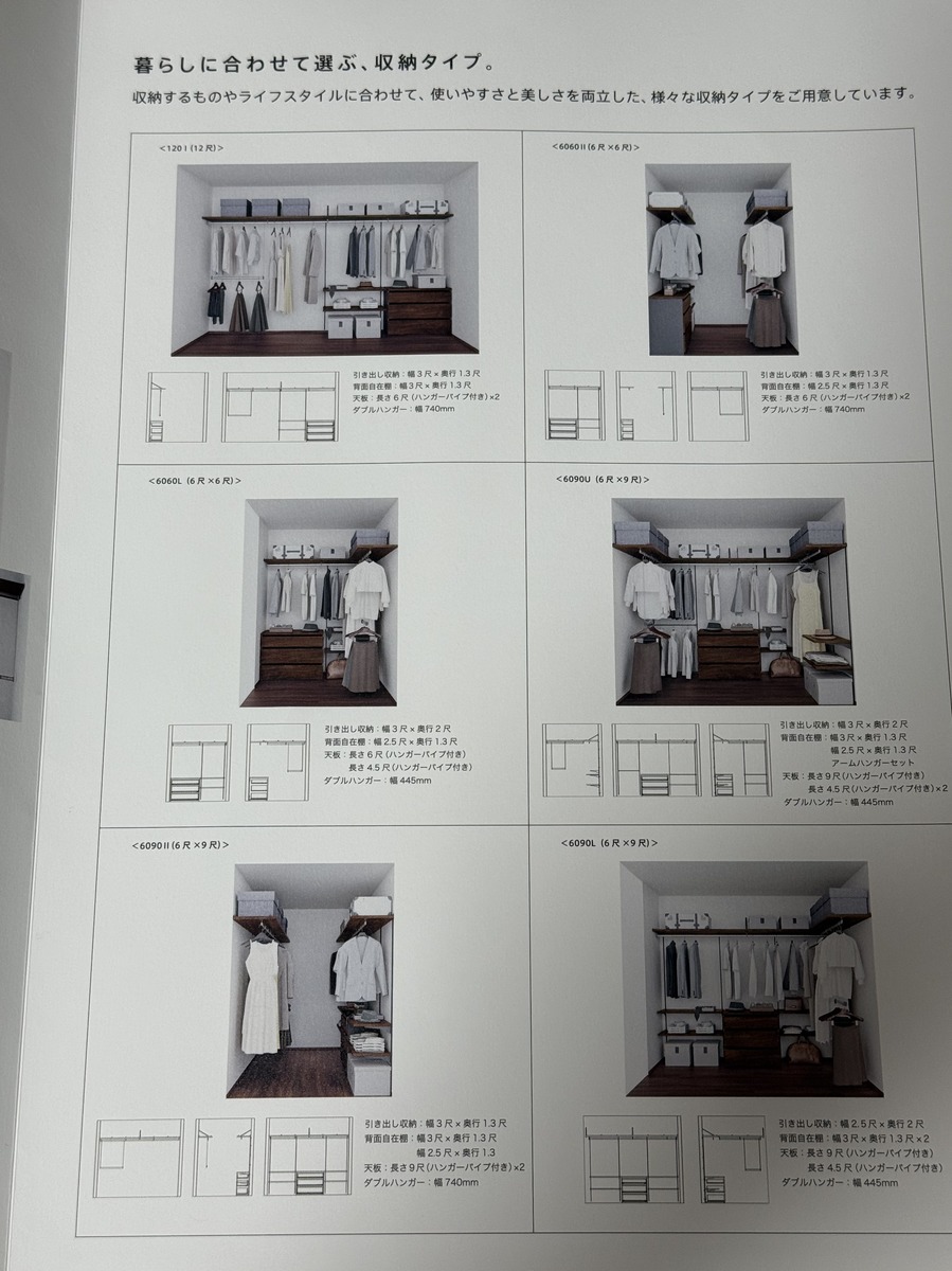 一条工務店の公式パンフレット「暮らしに合わせて選ぶ、収納タイプ。」のページ。120 I、6060 II、6060 L、6090 U、6090 II、6090 Lの6タイプの写真と寸法が並んでいる