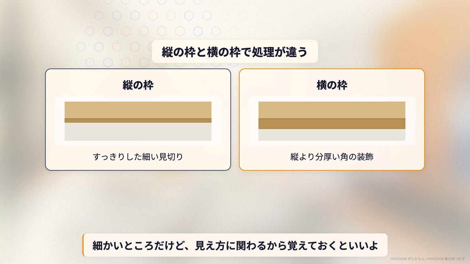 木目調天井パネルの縦框と横框の角の処理の比較図。縦はすっきりした見切り、横は分厚い角の装飾