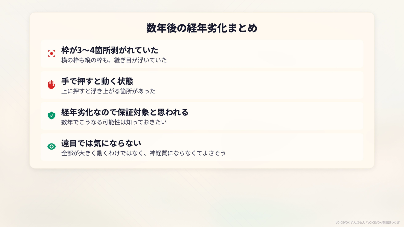 木目調天井パネルの経年劣化のまとめ図。枠が3〜4箇所剥がれ手で押すと動くが、遠目では気にならない